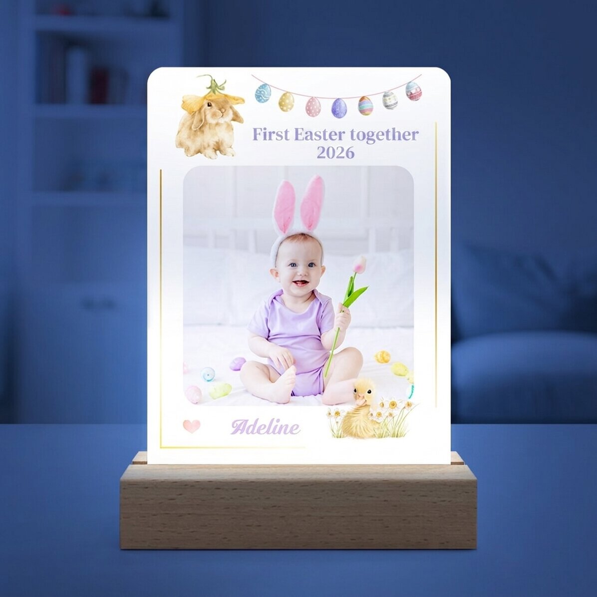 Lampe de veille LED personnalisée avec une photo et un texte - Première Pâques