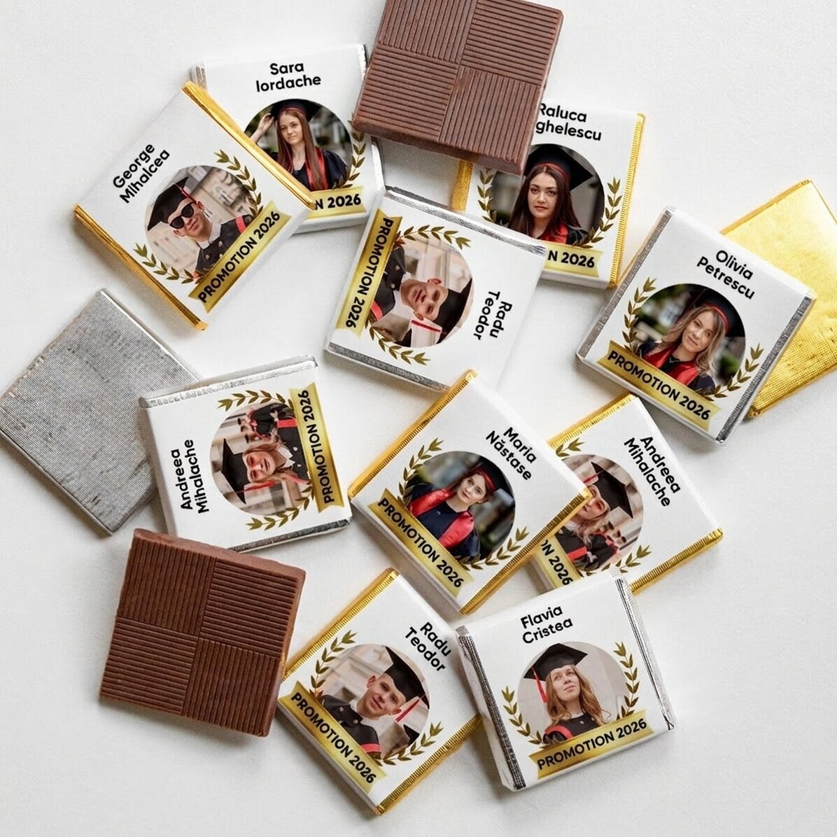 Lot de 10 mini-chocolats personnalisés avec un texte et une photo pour les diplômés