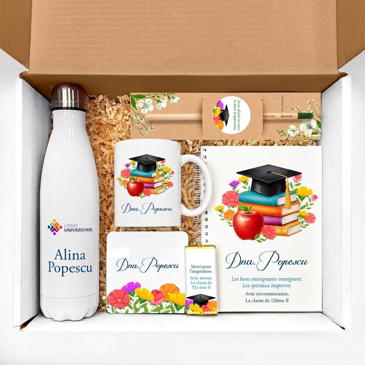 Coffret cadeau pour enseignantes, personnalisé avec un message et un logo