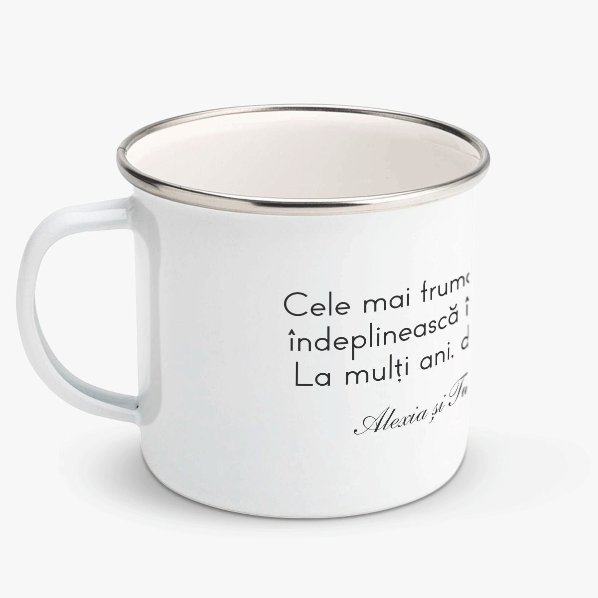 Tasse métallique émaillée personnalisée avec un message