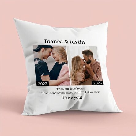 Coussin personnalisé avec 2 photos et un texte - Hier et aujourd