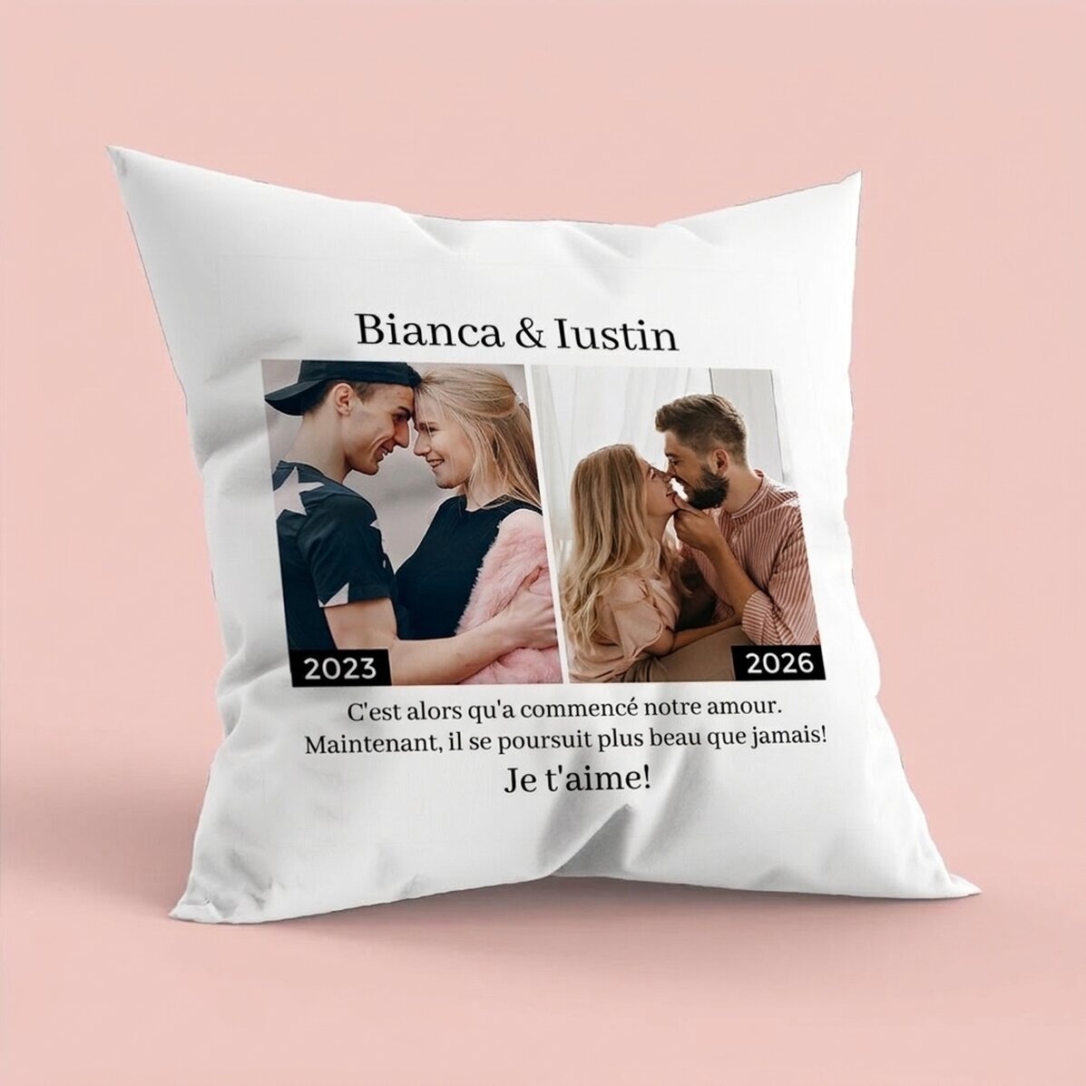 Coussin personnalisé avec 2 photos et un texte - Hier et aujourd
