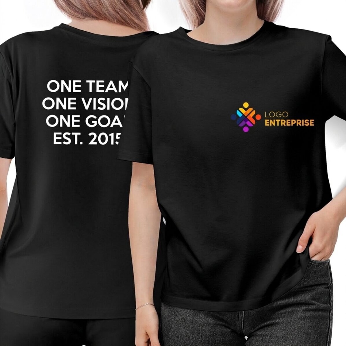 T-shirt en coton personnalisé avec un logo sur le devant et un texte dans le dos