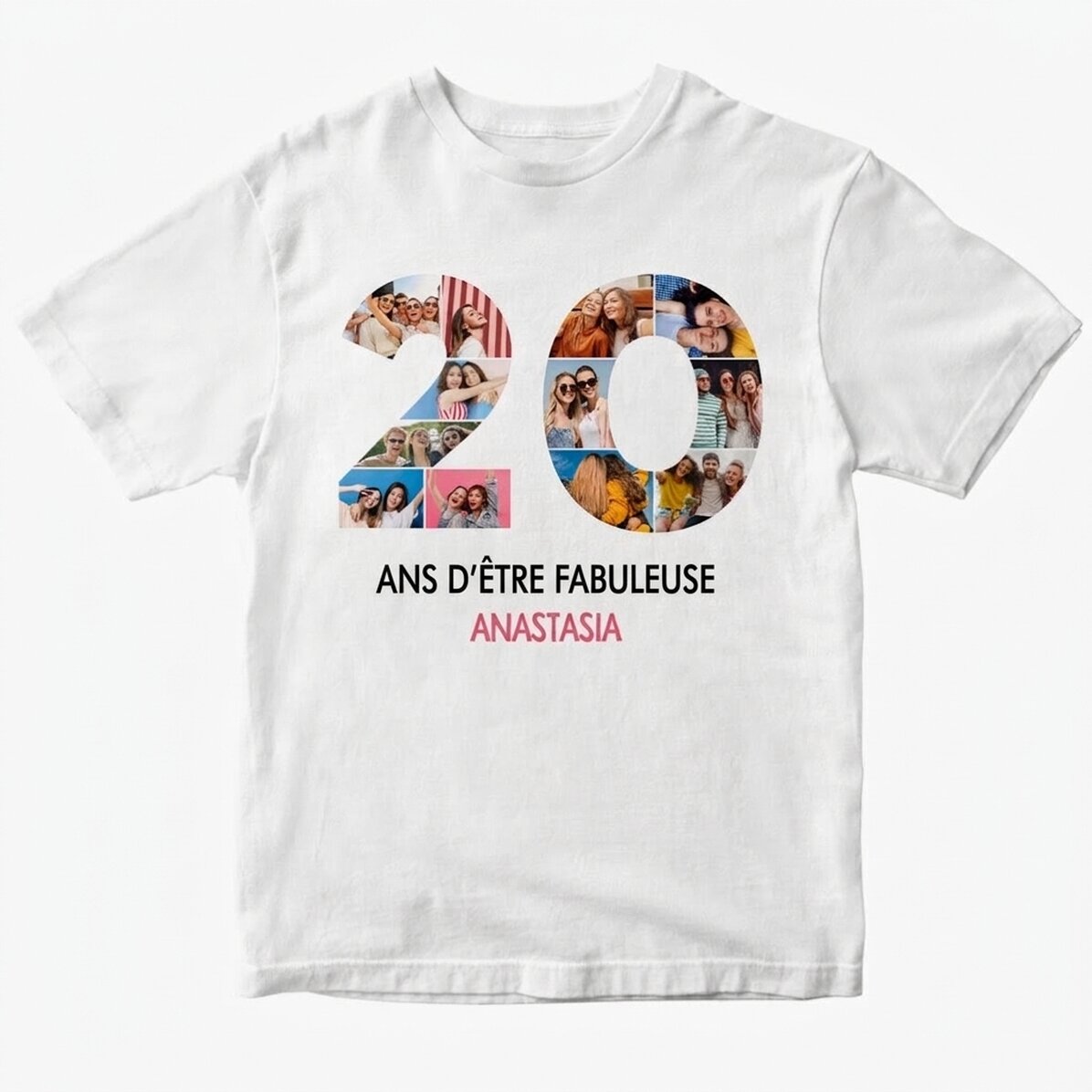 T-shirt en coton personnalisé avec 12 photos et un message - 20 ans