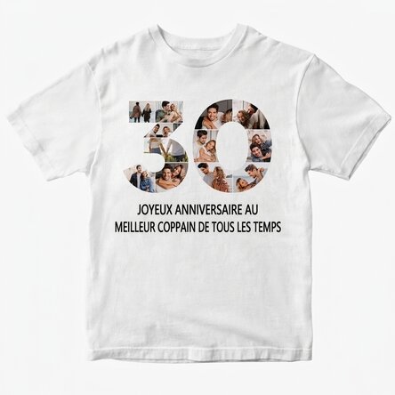T-shirt en coton personnalisé avec 12 photos et un message - 30 ans
