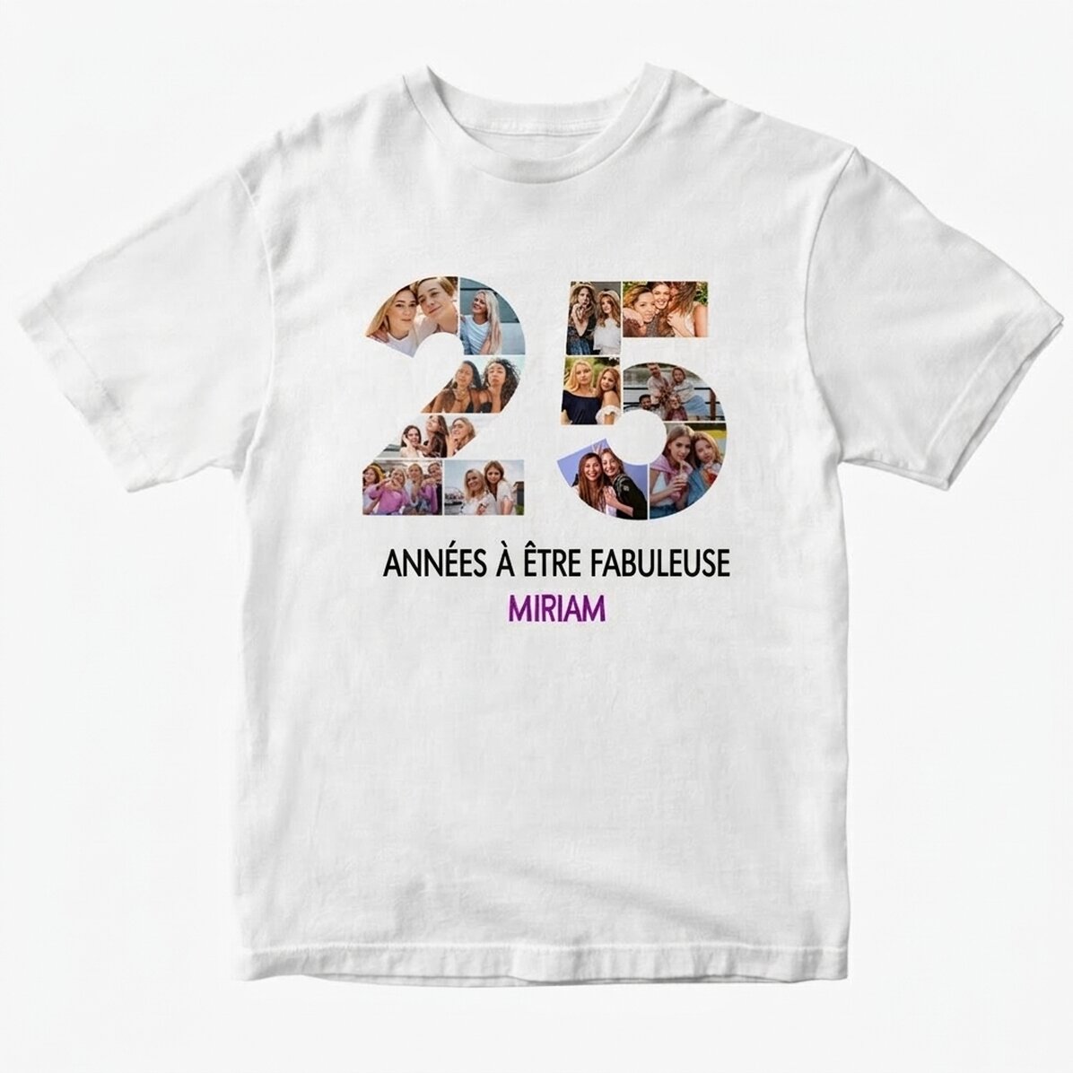 T-shirt en coton personnalisé avec 12 photos et un message - 25 ans