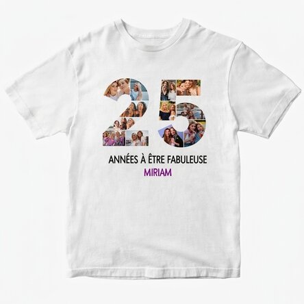 T-shirt en coton personnalisé avec 12 photos et un message - 25 ans