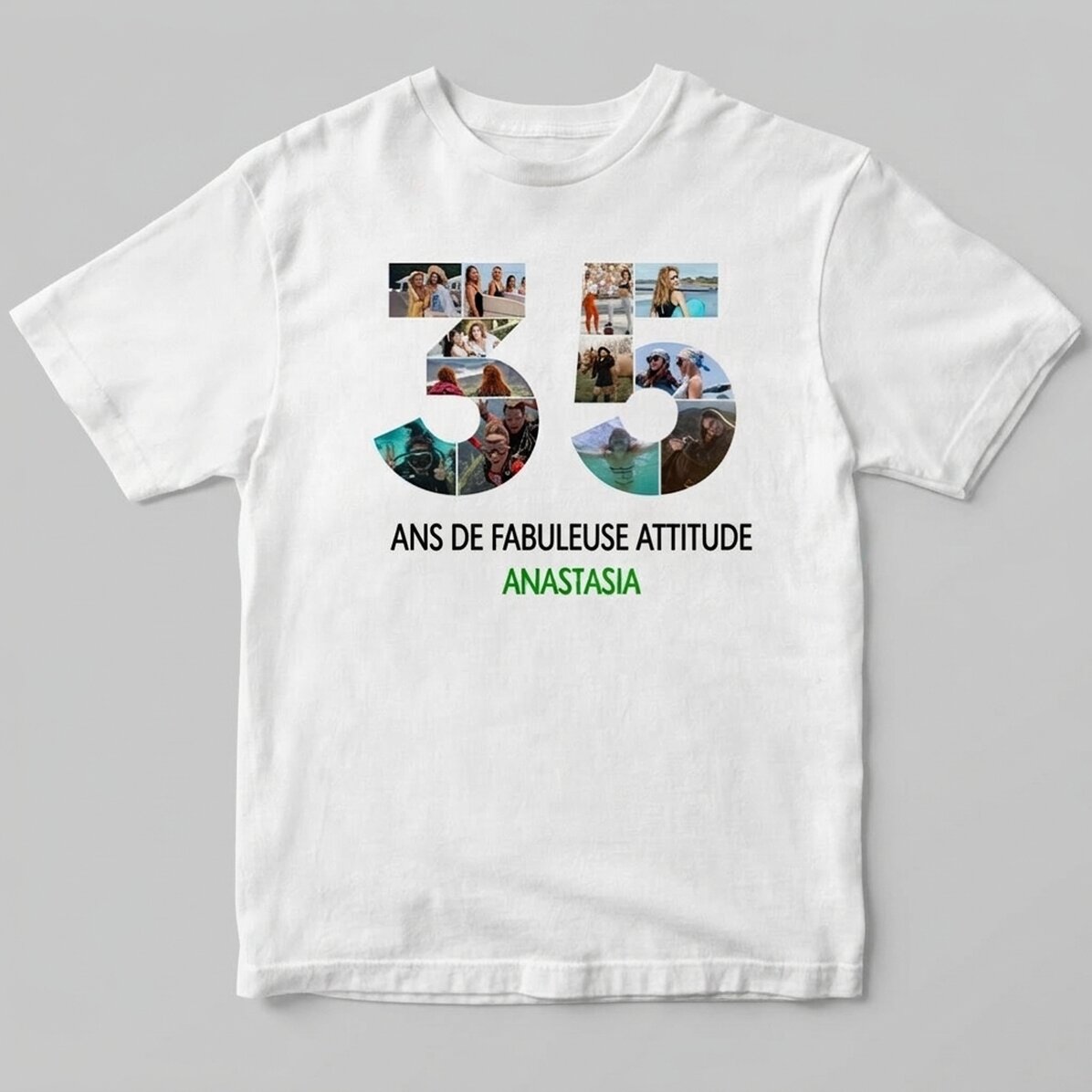 T-shirt en coton personnalisé avec 12 photos et un message - 35 ans