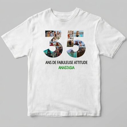 T-shirt en coton personnalisé avec 12 photos et un message - 35 ans