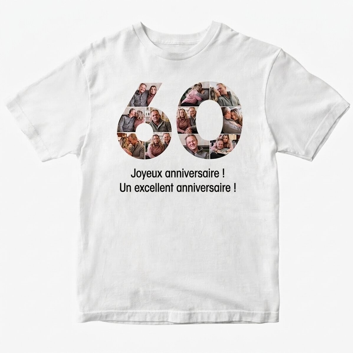 T-shirt en coton personnalisé avec 11 photos et un message - 60 ans