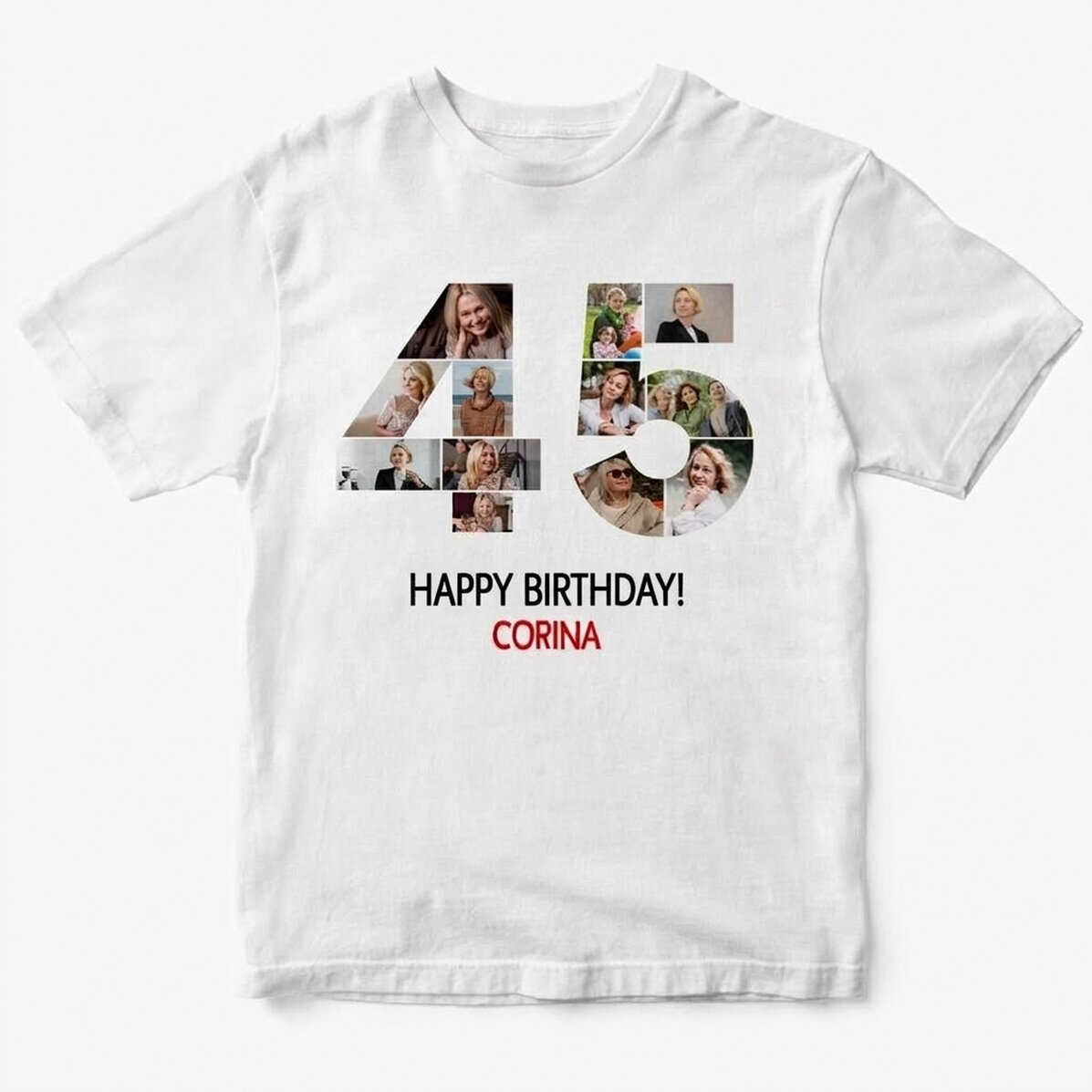 T-shirt en coton personnalisé avec 12 photos et un message - 45 ans