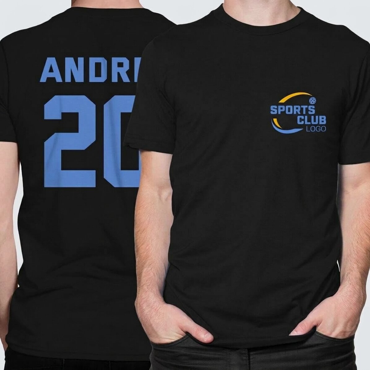 T-shirt en coton personnalisé avec un logo sur le devant et un numéro dans le dos