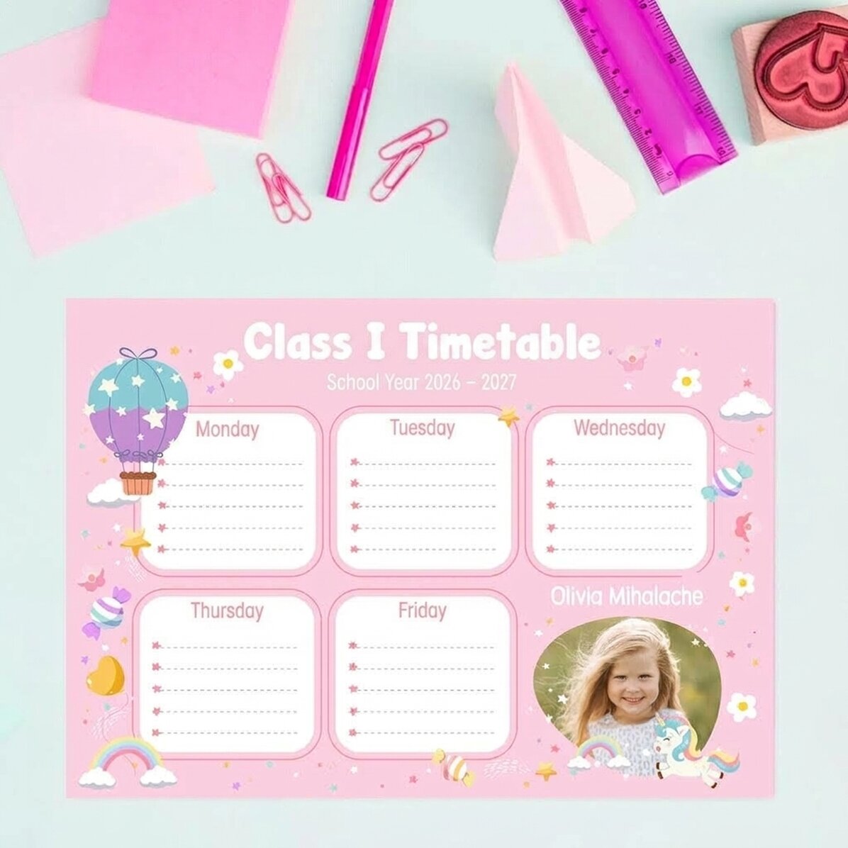 Emploi du temps personnalisé avec texte et photo - Bonbons et licornes