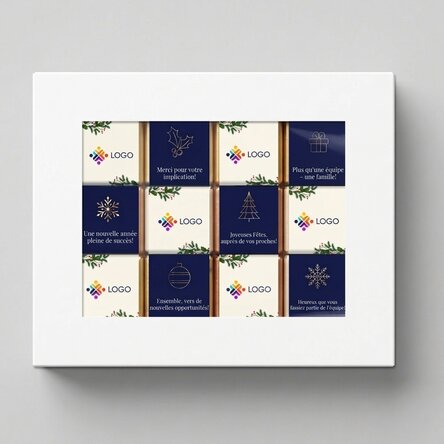 Coffret cadeau contenant 12 mini-chocolats personnalisés avec un logo et un message de Noël