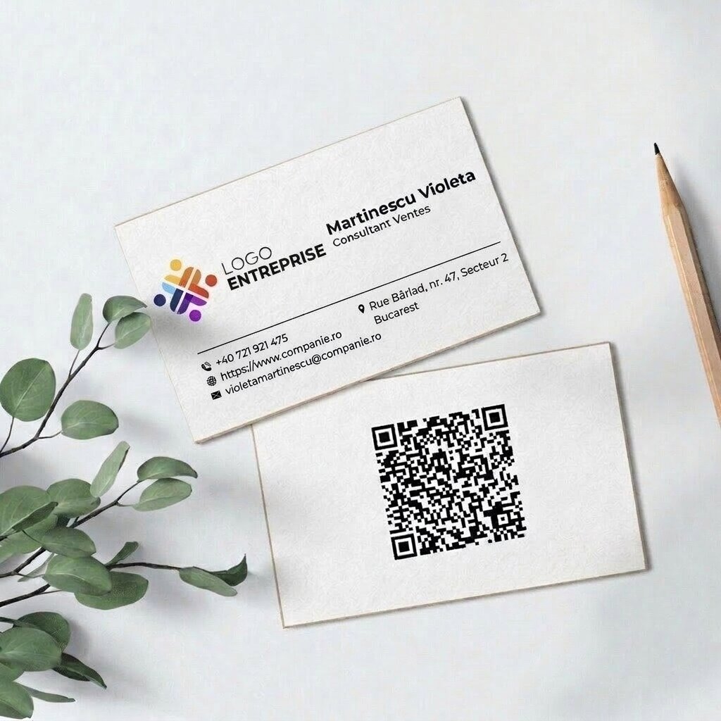 Cartes de visite en papier personnalisées recto-verso avec code QR et coordonnées
