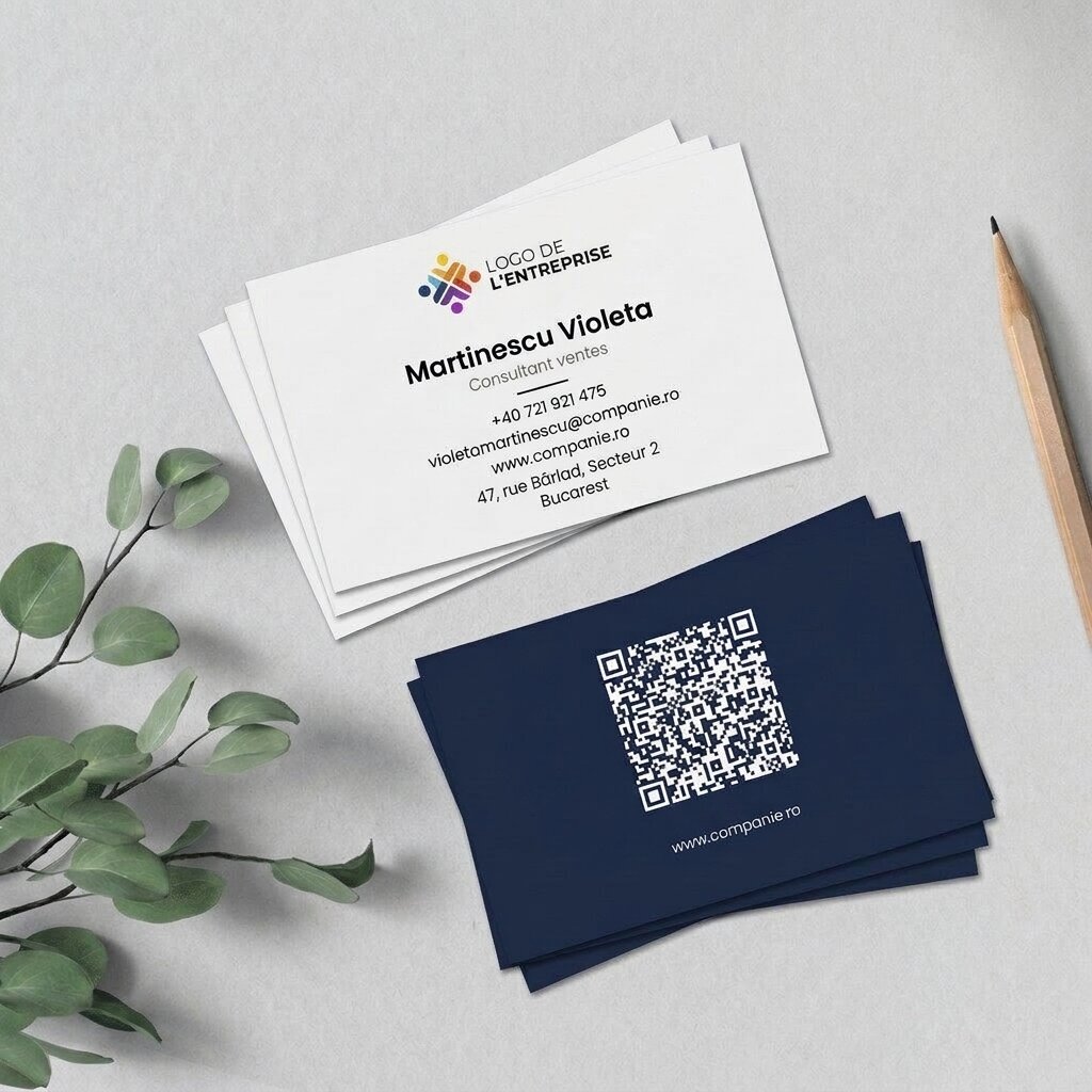 Cartes de visite personnalisées sur papier, design minimaliste, logo et code QR
