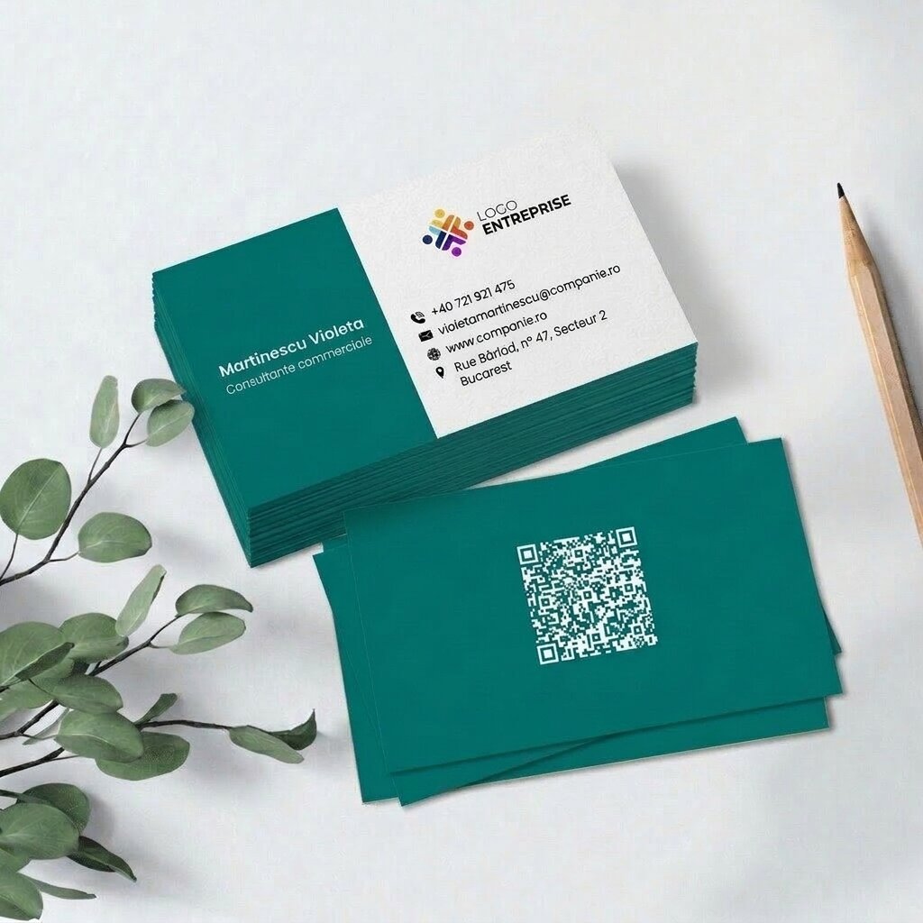 Cartes de visite personnalisées sur papier, avec une bande colorée, un logo et un code QR