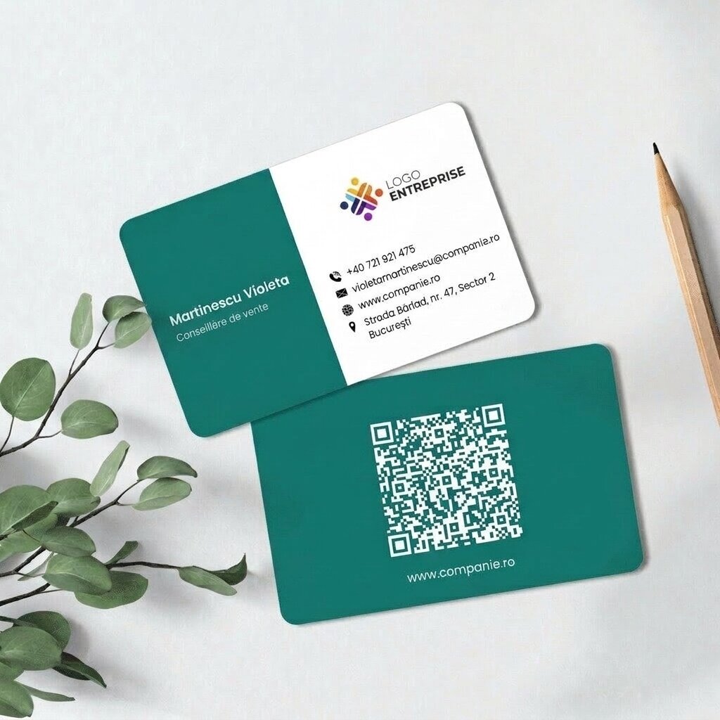 Carte de visite personnalisée en aluminium, avec une bande colorée, un logo et un code QR