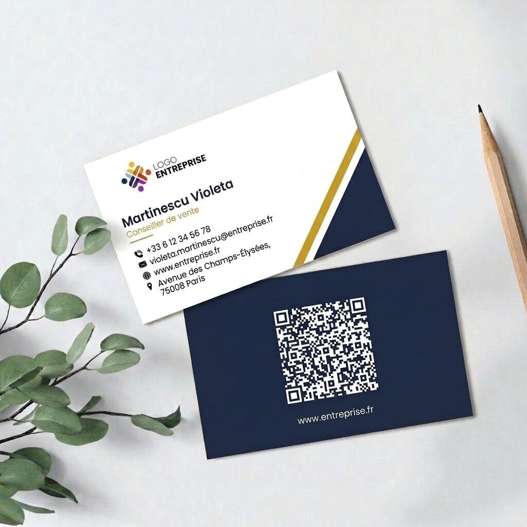 Cartes de visite personnalisées sur papier, motif géométrique, logo et code QR