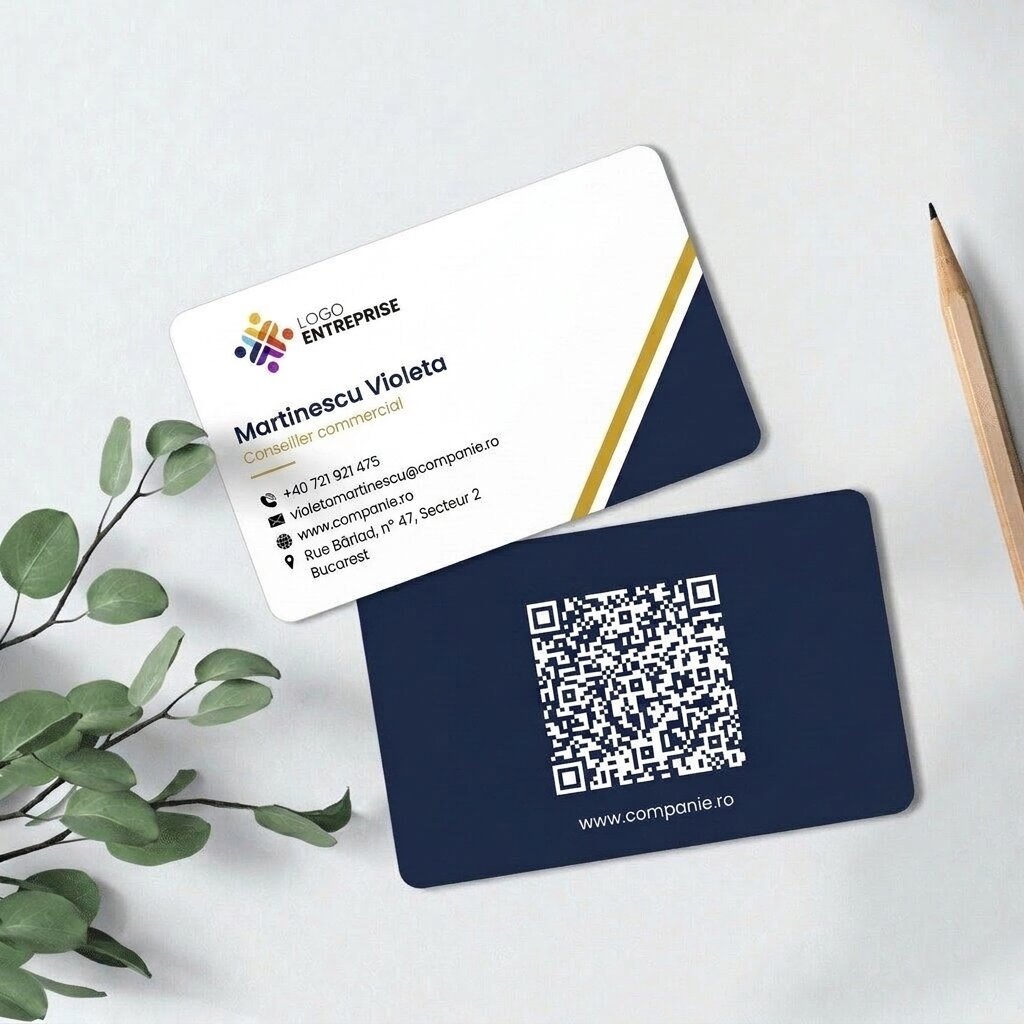 Carte de visite personnalisée en aluminium, motif géométrique, logo et code QR