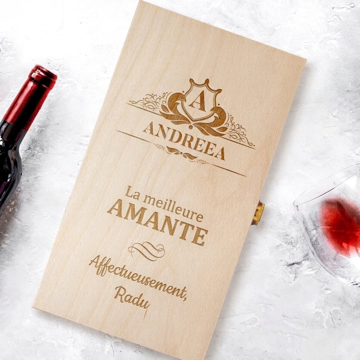 Coffret à vin personnalisé pour deux bouteilles - modèle « nom vintage »