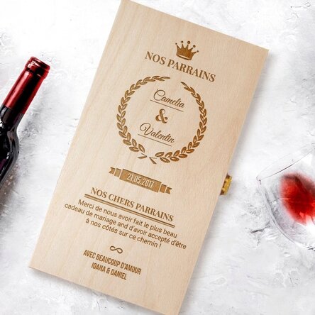 Coffret à vin personnalisé pour deux bouteilles, destiné aux parrains et marraines