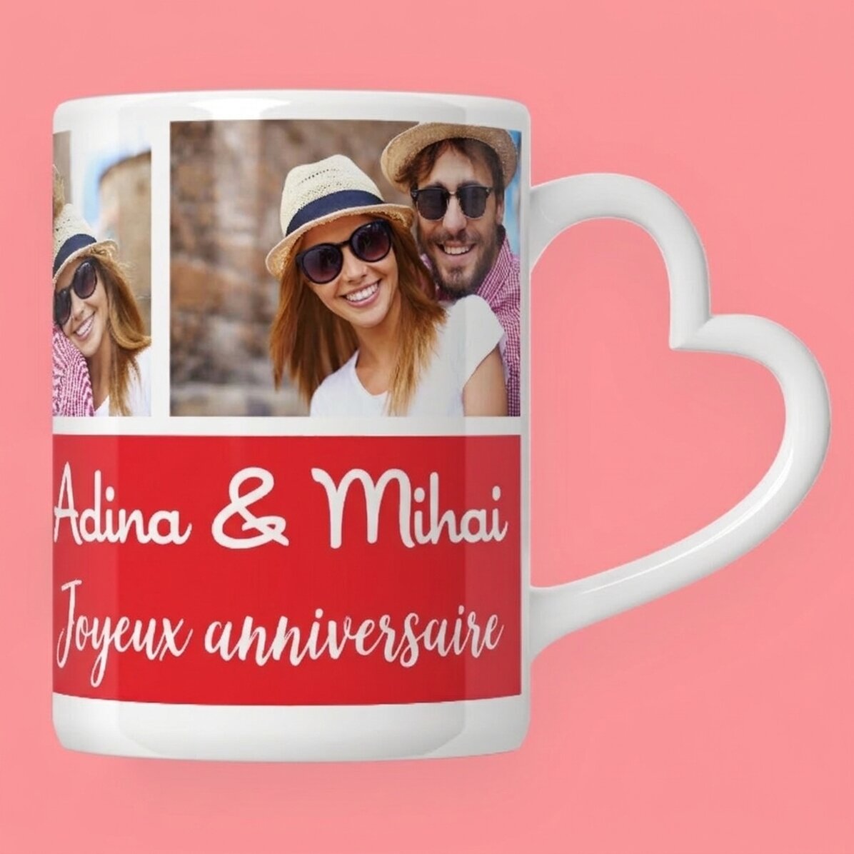 Tasse personnalisée avec 3 photos et un texte - modèle avec anse en forme de cœur