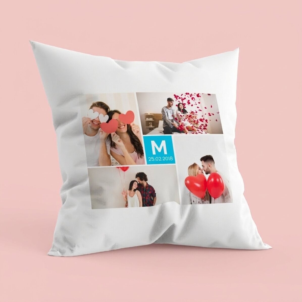 Coussin personnalisé avec 4 photos et une initiale