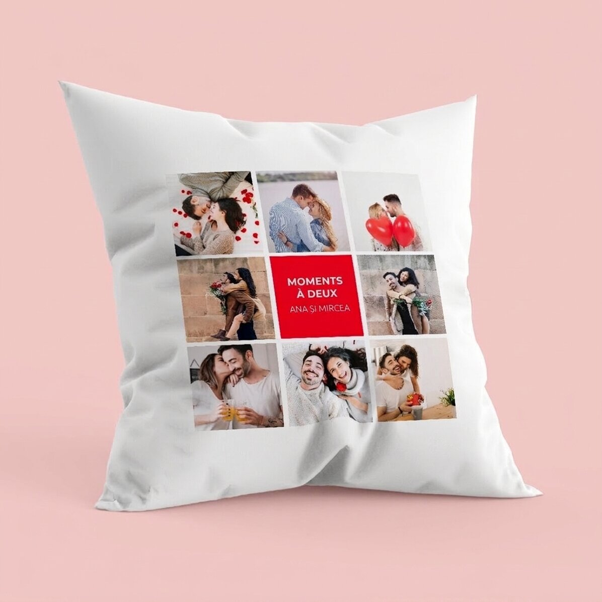 Coussin personnalisé avec 8 photos et un texte