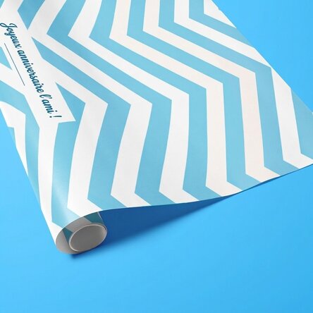 Papier d'emballage cadeau personnalisé - motif « blue stripes » avec texte encadré