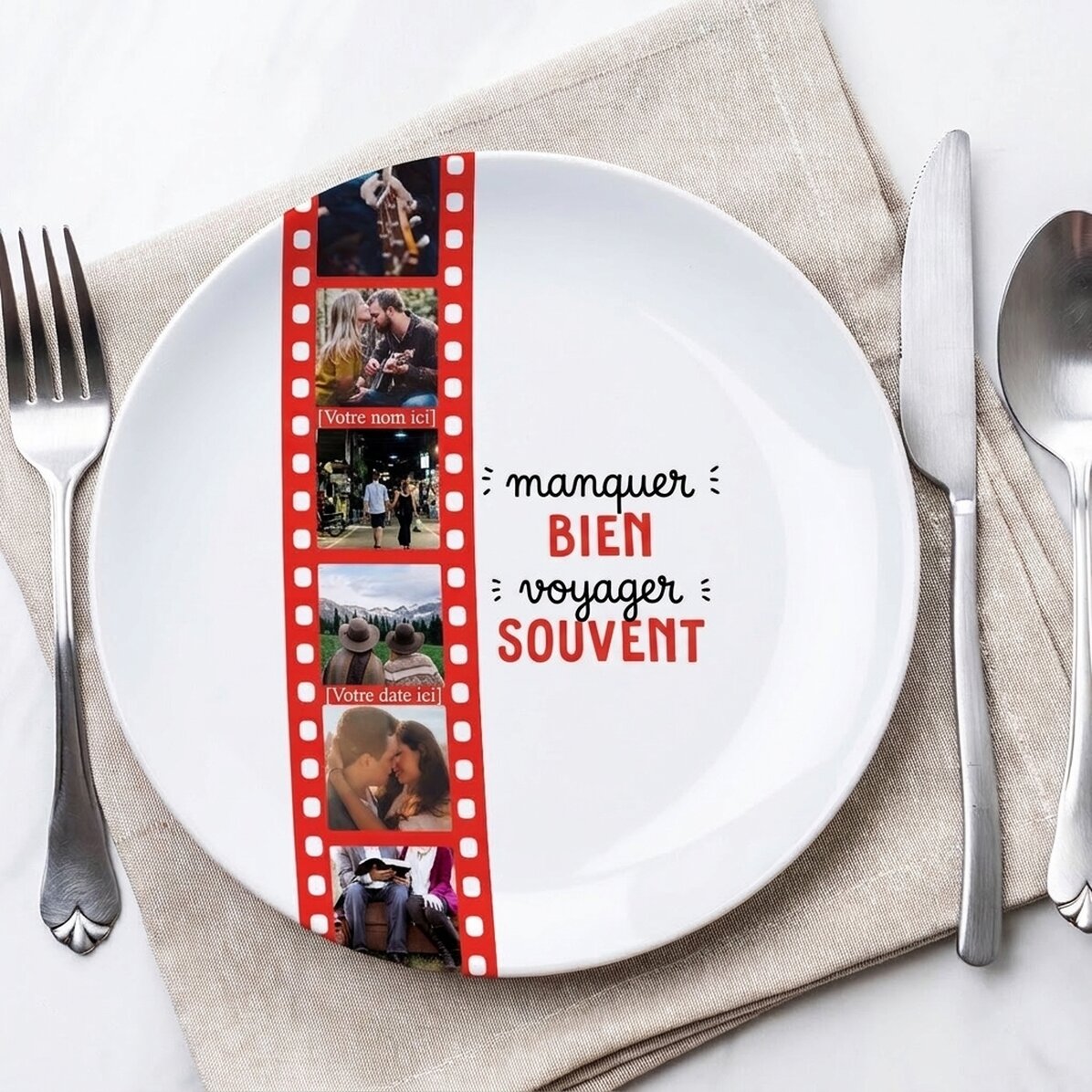 Assiette personnalisée avec 6 photos - Mangez bien, voyagez souvent