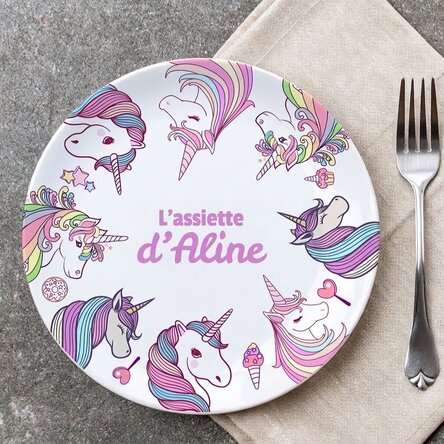 Assiette personnalisée avec inscription - Licornes