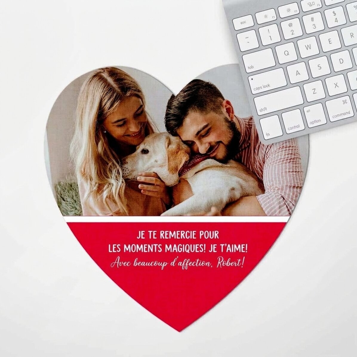 Tapis de souris en forme de cœur personnalisé avec photo et texte