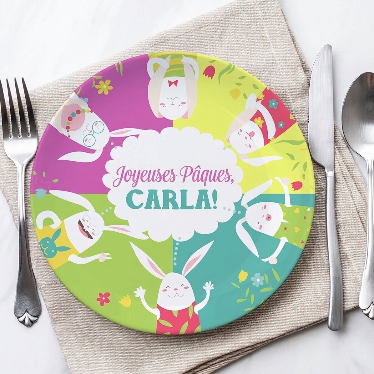 Assiette personnalisée avec inscription - Lapins de Pâques