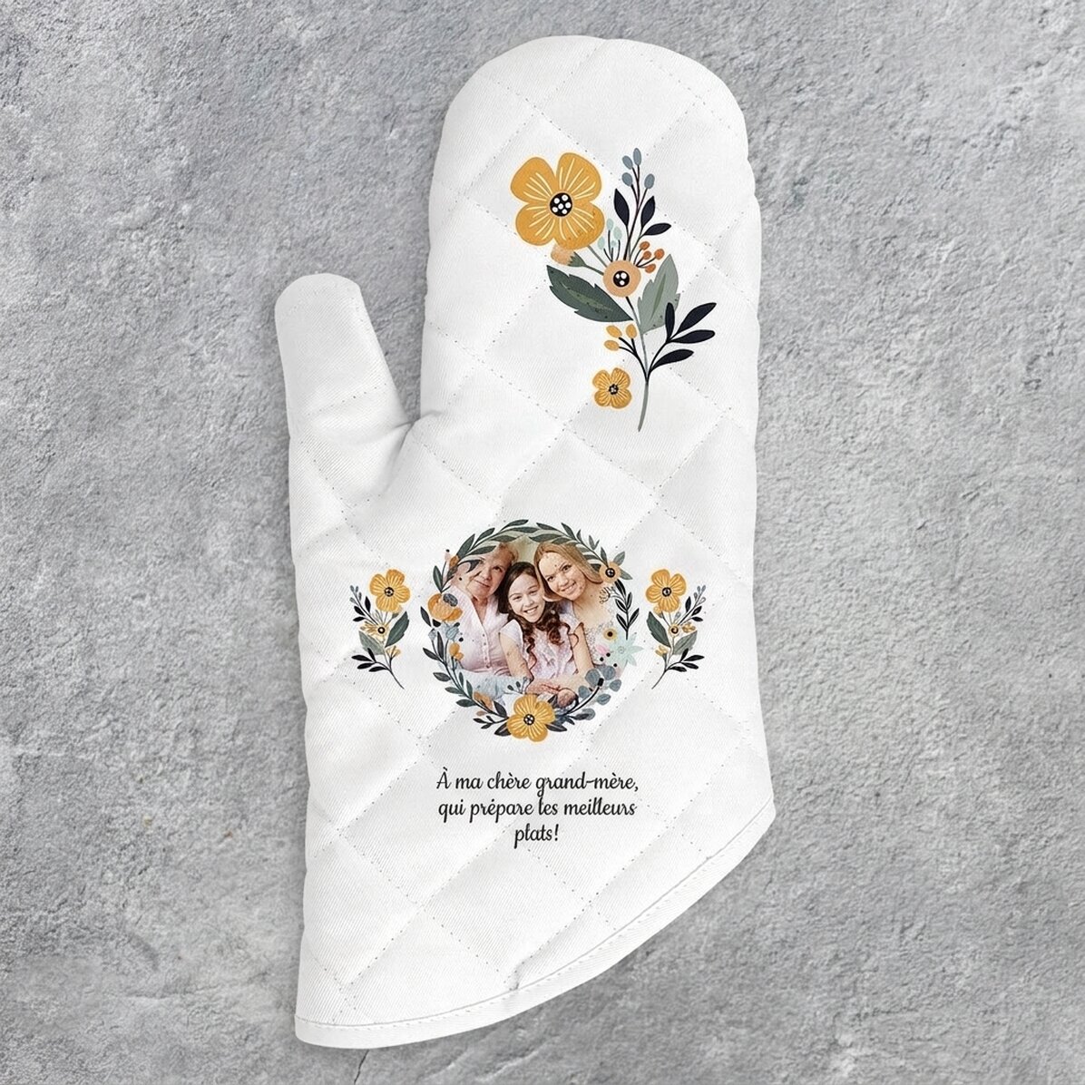 Gant de cuisine personnalisé avec photo et texte - Motif floral