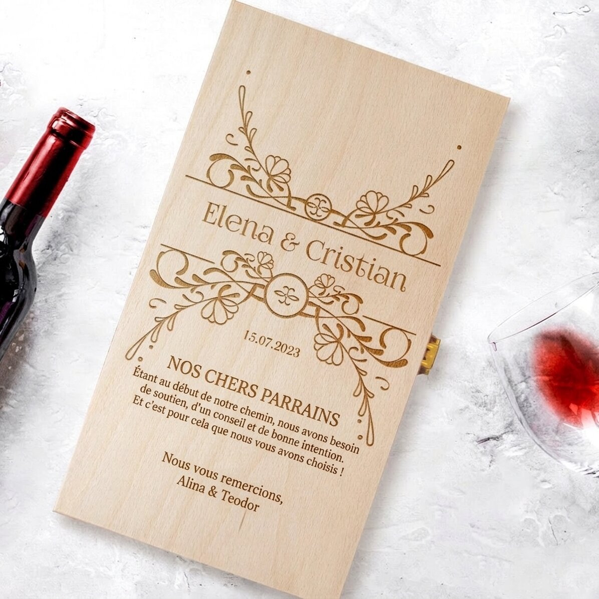 Coffret à vin personnalisé pour deux bouteilles - Message pour les parrains et marraines