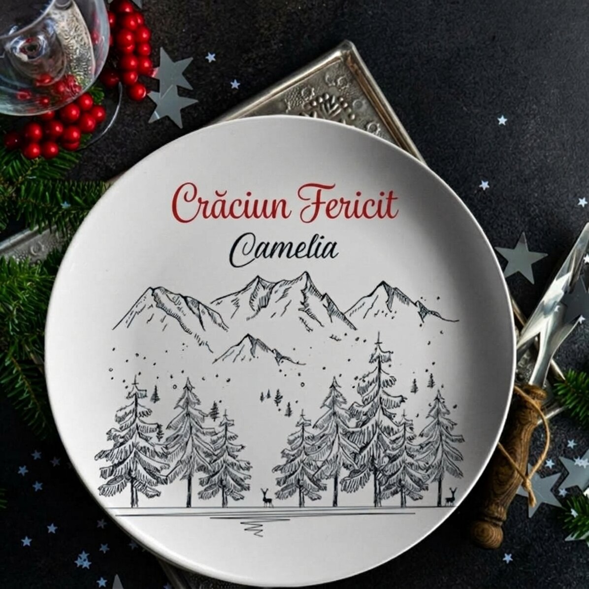 Assiette personnalisée avec inscription - Paysage hivernal