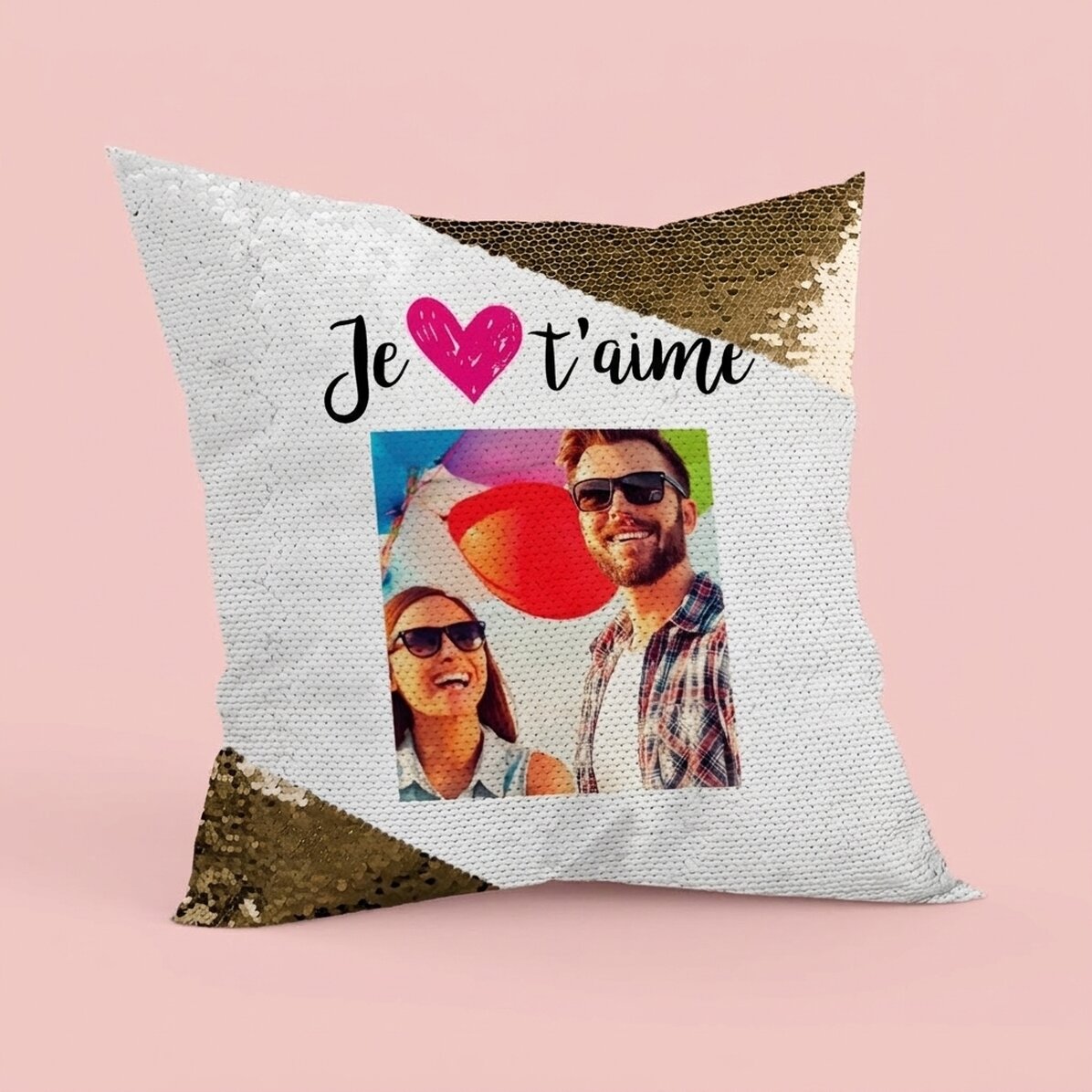 Coussin à paillettes personnalisé avec photo - « I love you »