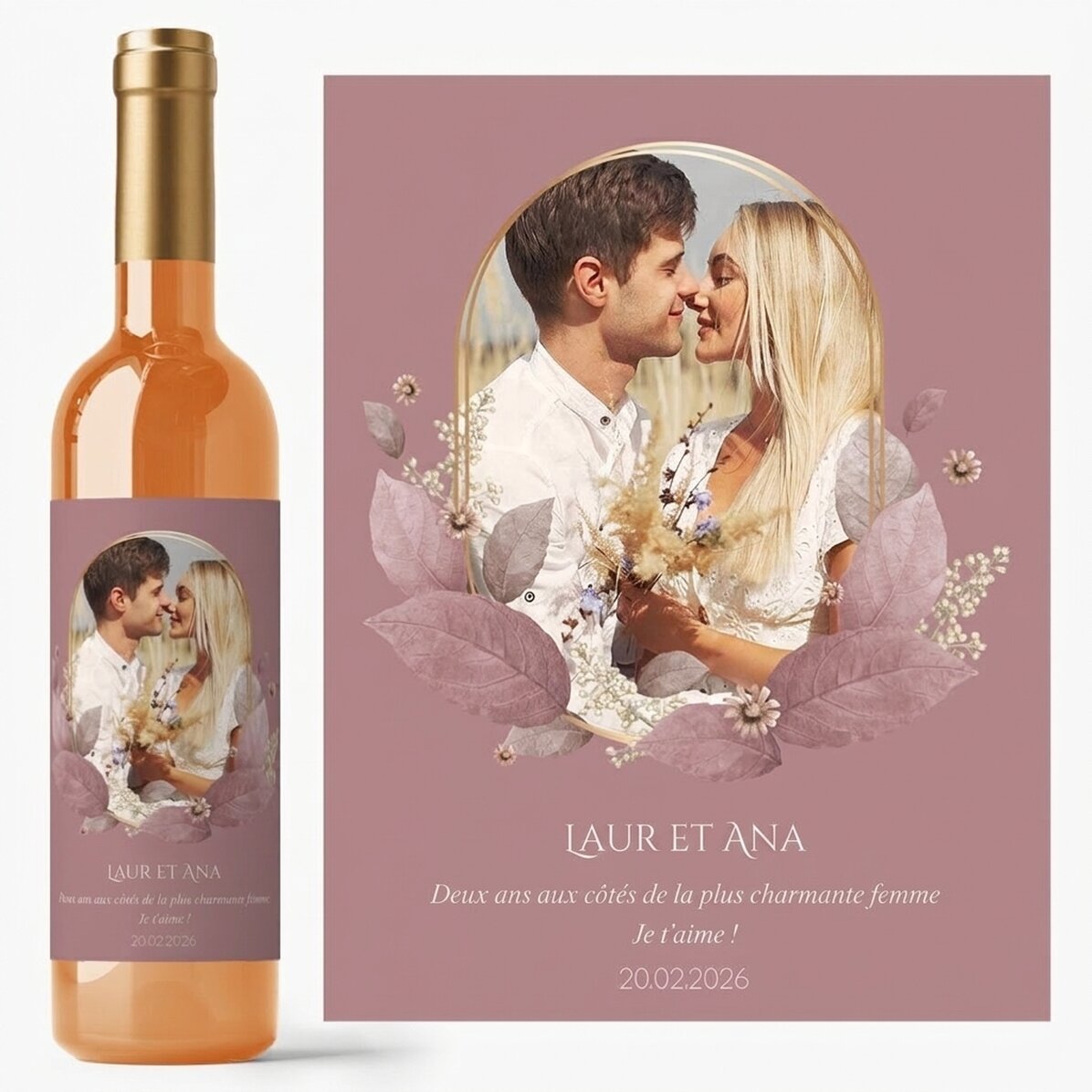 Vin personnalisé avec texte et photo - Floral