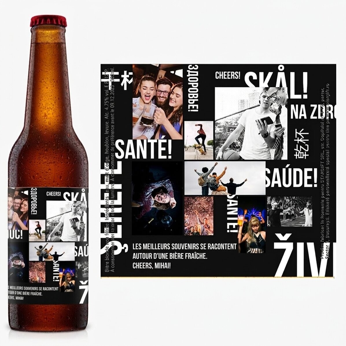 Bière personnalisée avec un texte et 8 photos - Santé !