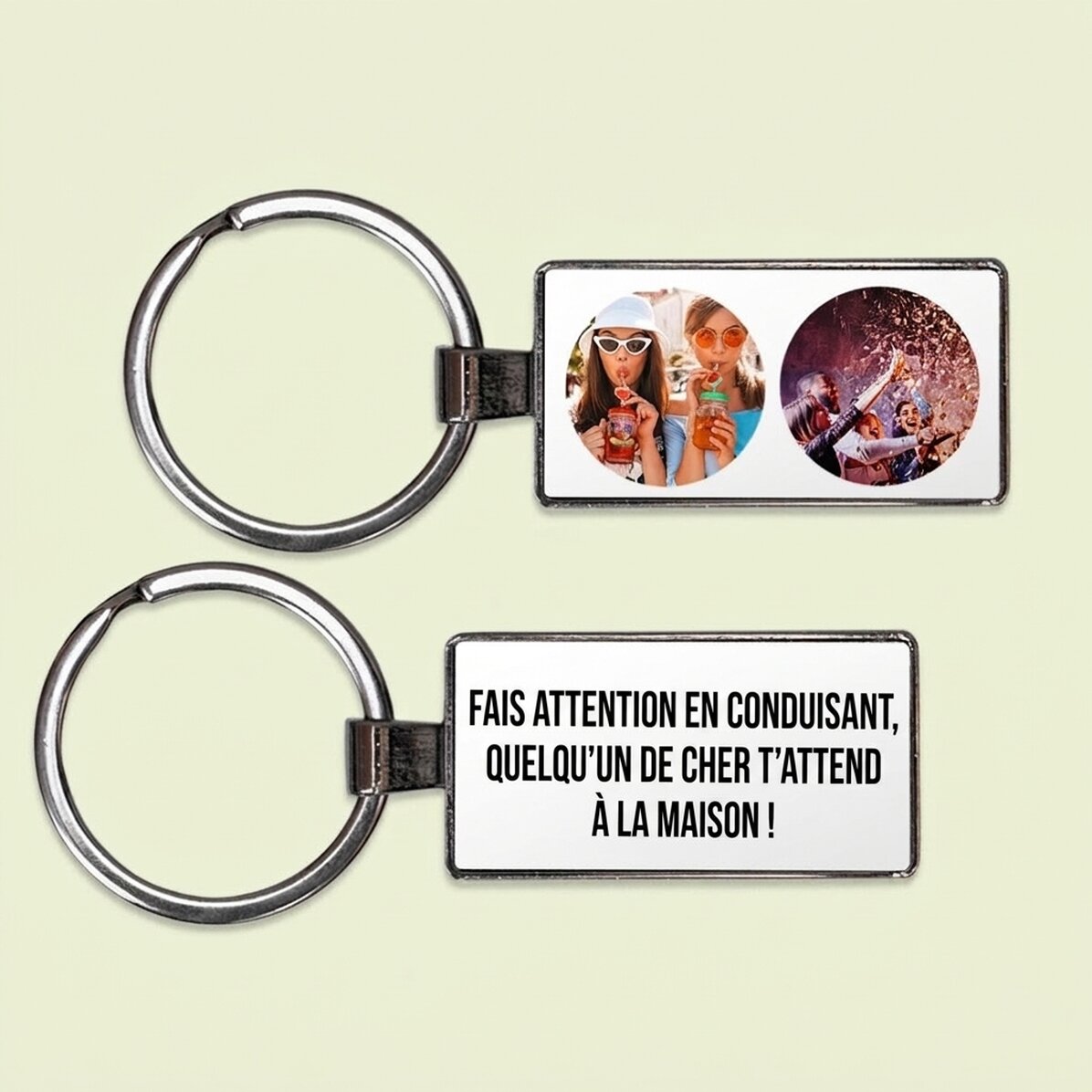 Porte-clés personnalisé avec deux photos et un texte