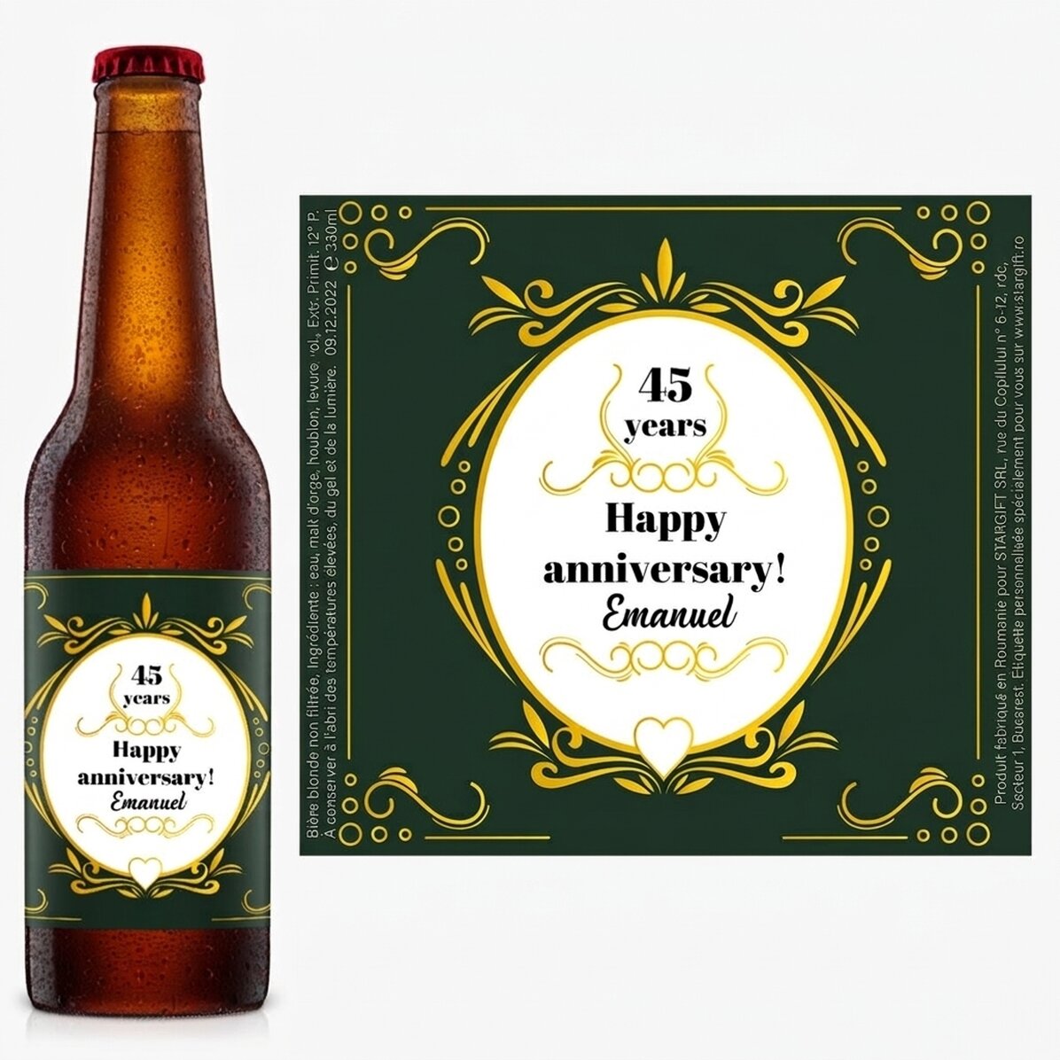 Bière personnalisée avec le texte « Happy anniversary ! »