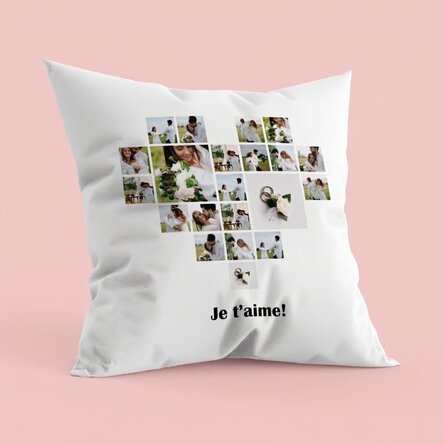 Coussin personnalisé avec 21 photos en forme de cœur et un texte
