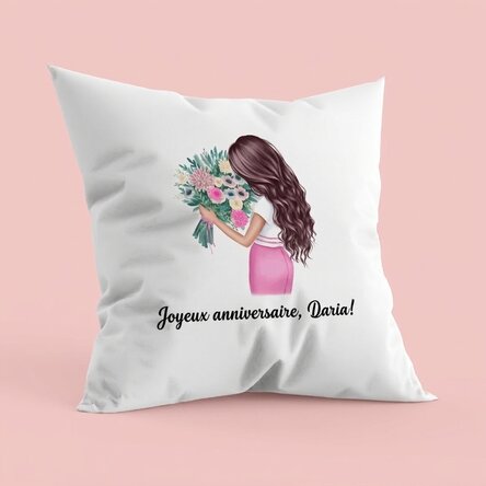Coussin personnalisé avec inscription - Fille aux fleurs