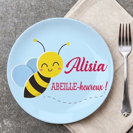 Assiette personnalisée avec le texte « Bee happy ! »