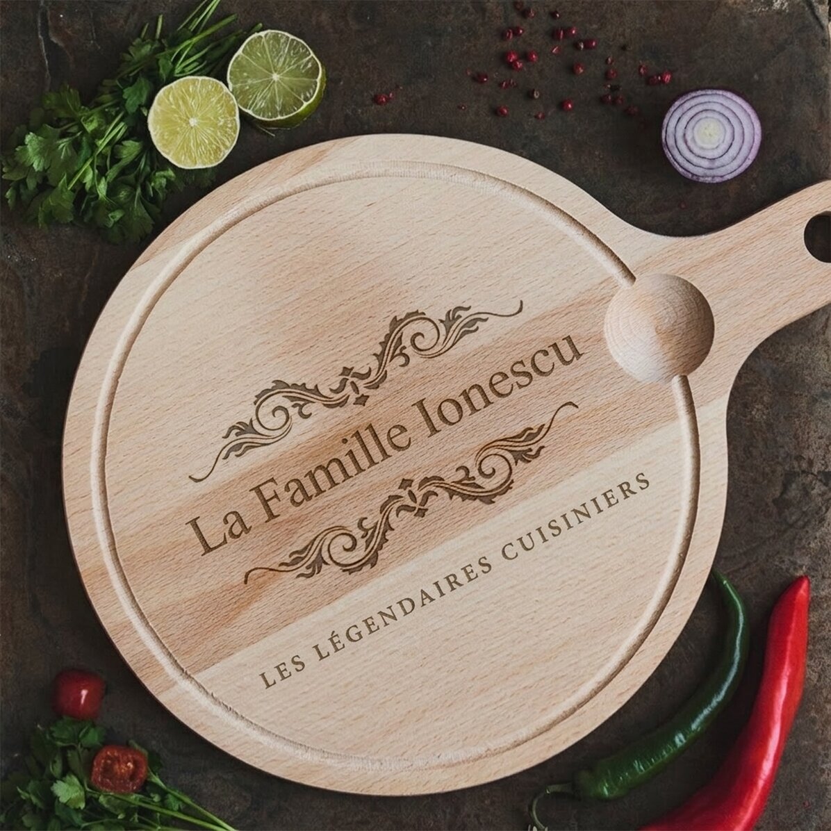 Planche à découper ronde avec poignée personnalisée - Chefs légendaires