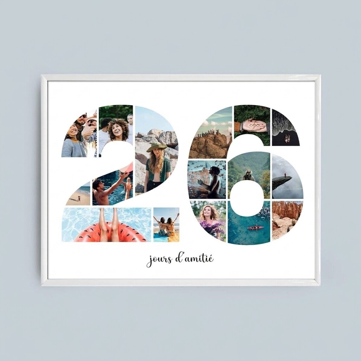 Tableau paysage personnalisé avec 16 photos, modèle n° 26, et un message