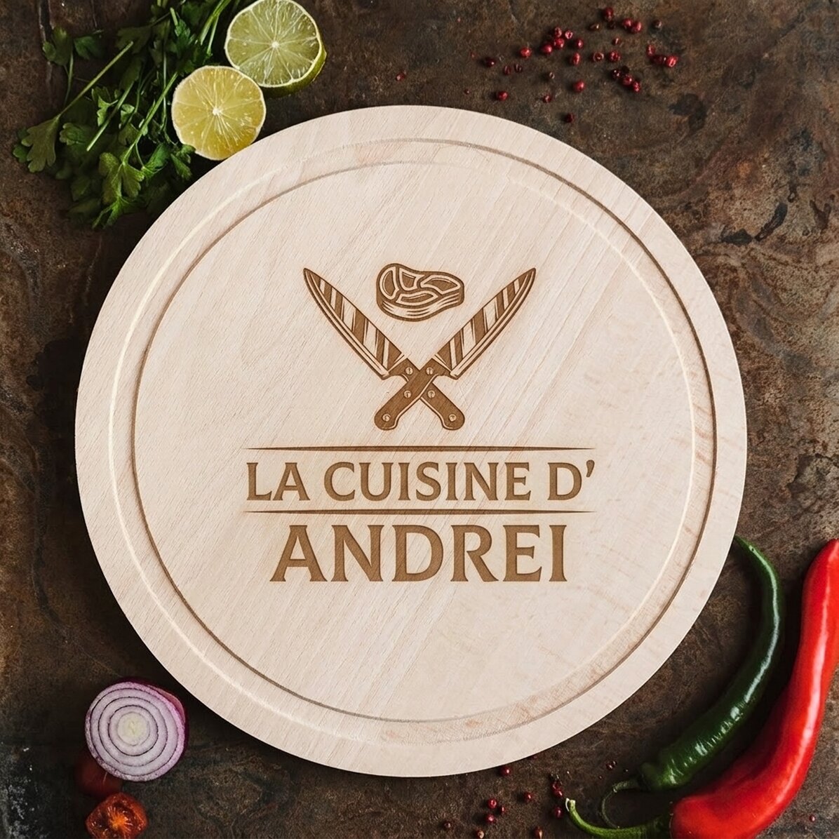 Planche à découper ronde personnalisée - Couteaux