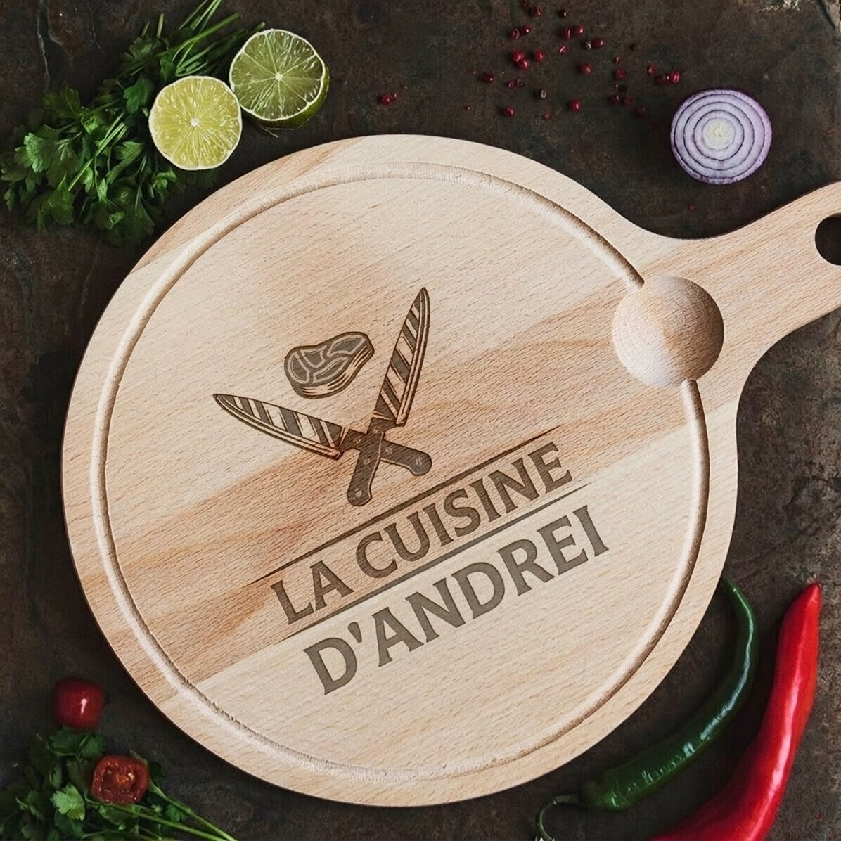 Planche à découper ronde avec poignée personnalisée - Couteaux