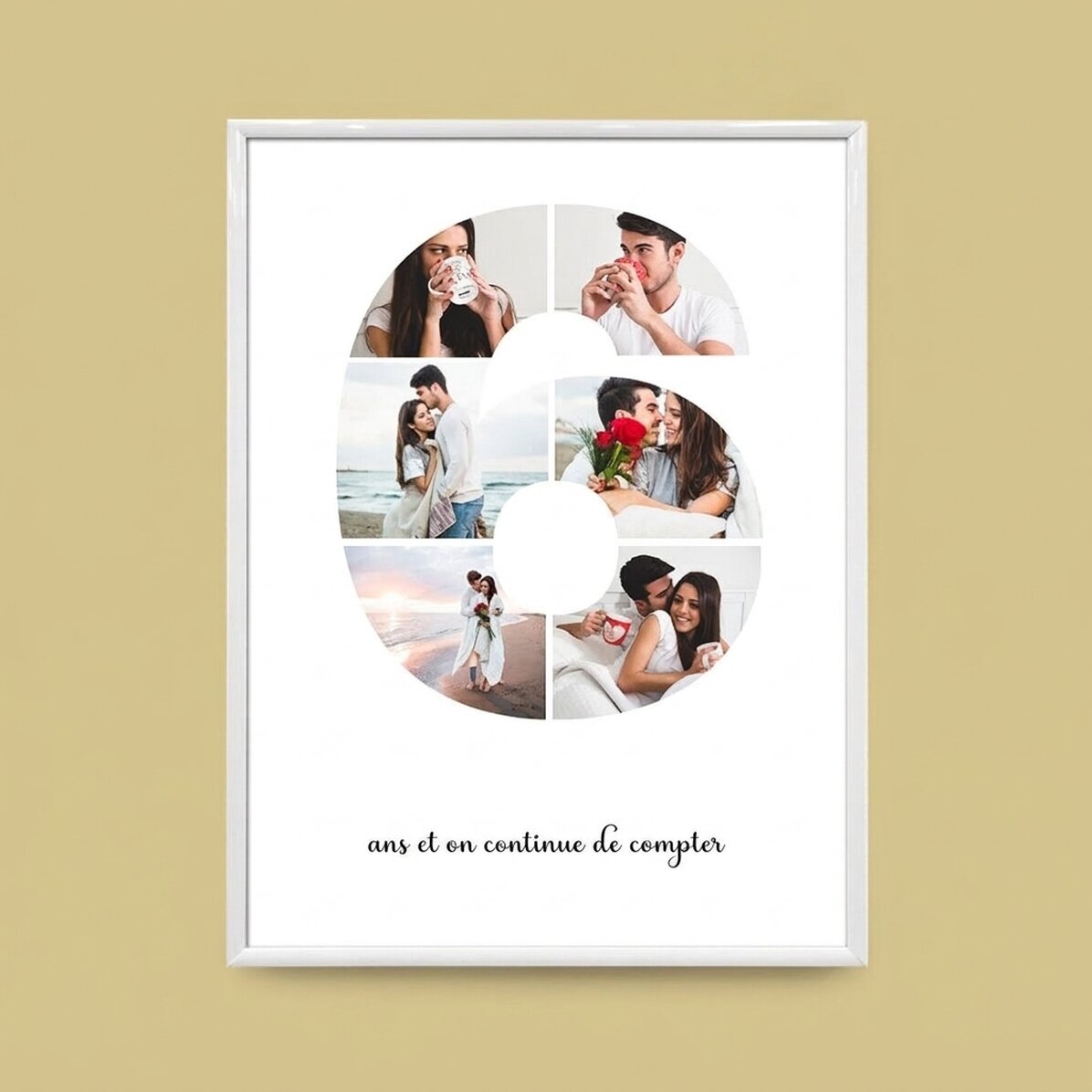 Tableau personnalisé avec 6 photos, modèle n° 6, et un message